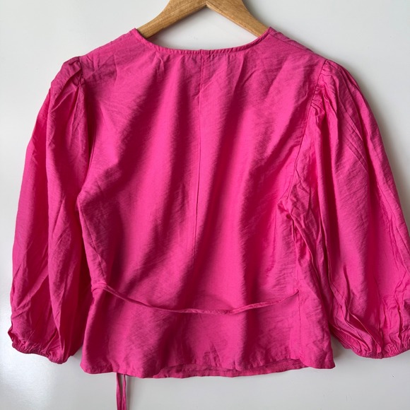 Missguided Petite Wrap‎ Blouse Puff Sleeve Tie Hot Pink US 4 - Picture 4 of 6